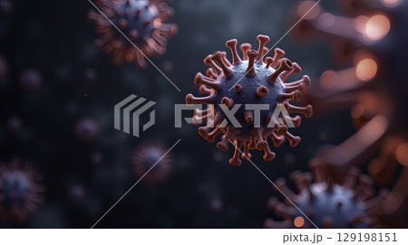 3D rendered close-up of red and blue virus particles on a dark background 129198151