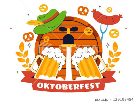 Happy Oktoberfest Party Festival Vector Illustration Featuring Beer, Sausage, Gingerbread, Barrels, German Flag, and Wheat in a Flat Background Happy Oktoberfest Party Festival Vector Illustration Featuring Beer, Sausage, Gingerbread, Barrels, German Flag, and Wheat in a Flat Background 129198484