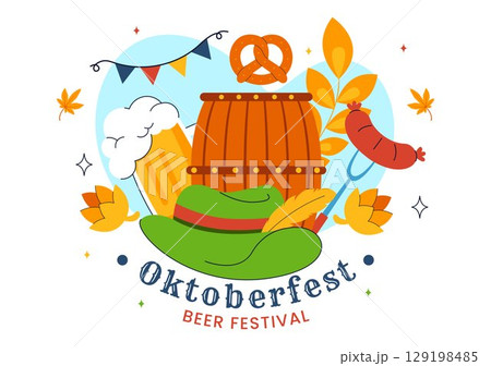 Happy Oktoberfest Party Festival Vector Illustration Featuring Beer, Sausage, Gingerbread, Barrels, German Flag, and Wheat in a Flat Background 129198485
