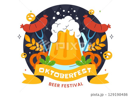 Happy Oktoberfest Party Festival Vector Illustration Featuring Beer, Sausage, Gingerbread, Barrels, German Flag, and Wheat in a Flat Background 129198486