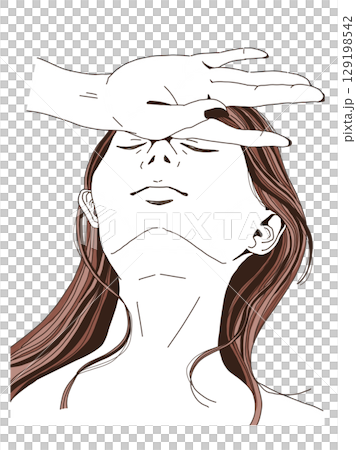 額に手を当てて目を閉じる女性 129198542