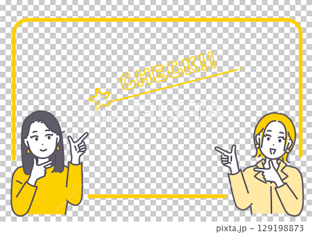 Illustration and frame material of a young woman pointing 129198873