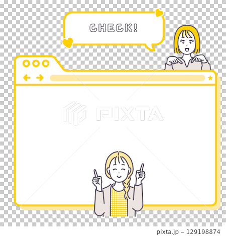 Illustration of a young woman pointing and a browser tab-style frame material 129198874
