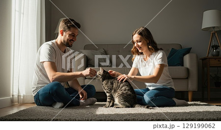 Couple shares beautiful moment of togetherness, petting their cat on floor in sunlit living room 129199062