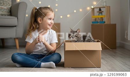 Smiling girl and her new kitten friend enjoy magical moment of friendship, sitting by a box. 129199063