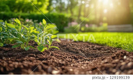 Small seedlings grow in prepared soil, requiring nurturing care after planting. Small seedlings grow in prepared soil, requiring nurturing care after planting. 129199139