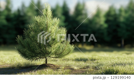 Pine sapling represents vital reforestation efforts. Planting young conifers 129199140