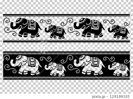 Oriental elephant procession. Ornamental border set. Seamless pattern. 129199185