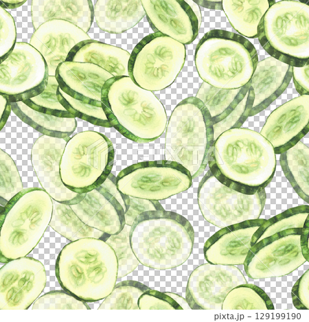 Watercolor slices of cucumber with seeds seamless pattern. Fresh vegetable sliced round pieces, cut cucumber circles. Realistic hand drawn illustration fabric, packaging, salads. Isolated background Watercolor slices of cucumber with seeds seamless pattern. Fresh vegetable sliced round pieces, cut cucumber circles. Realistic hand drawn illustration fabric, packaging, salads. Isolated background 129199190