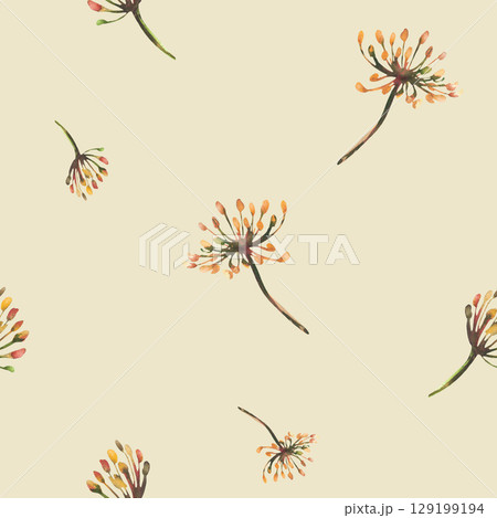 Dill or fennel dried flowers seamless pattern. Watercolor painted illustration. Sprigs of dry herbs with seeds, inflorescence, umbrella. Clipart for herbal summer fabric on isolated beige background  129199194