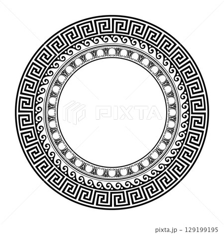 Vintage Round frame in Greek style. Greek meander. Mediterranean porcelain plate with pattern on white background. Circle floral european pattern frame arabesque. Pattern frame for ceramics, textiles 129199195