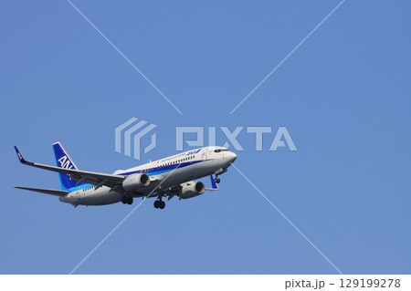 青空を背景に着陸する旅客機　着陸進入するANA機 129199278