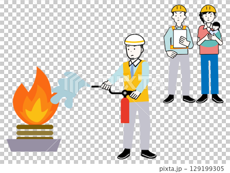 Illustration of an image of people practicing using fire extinguishers in fire drills, fire drills, evacuation drills, disaster prevention drills, and firefighting drills 129199305