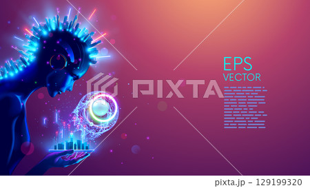 AI agent look at big data hanging over phone in hand. Artificial intelligence technology conceptual banner. Robot or cyborg analys big datum of global infrastructure. A data model of the world for AGI 129199320
