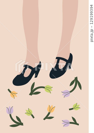 Minimalistic postcard or poster with female legs and fallen flowers. Vector graphics. 129199394