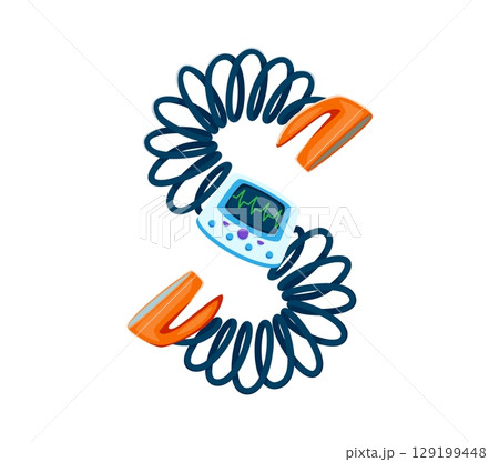 Medical cartoon font defibrillator letter S. Medical English alphabet typeface sign, healthcare isolated vector kids ABC font letter. Hospital cartoon typeset element or medicine type symbol 129199448