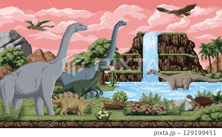Prehistoric dinosaurs on 8bit pixel art game landscape of Jurassic era, vector background. Dinosaurs, lizards and reptiles in jungle forest in 8 bit pixel landscape with lake for kids dino park game 129199451