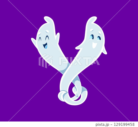 Halloween font Y letter ghost cartoon cheerful character. Funny phantom character English ABC letter, cute ghost mascot or horror spirit personage font typeset vector element. Latin alphabet symbol 129199458