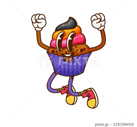 Cartoon groovy Halloween purple cupcake character happily jumping. Isolated vector sweet chocolate muffin, festive bakery retro personage. Cute spooky pastry trick or treat party, y2k dessert 129199459