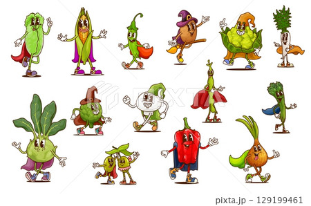 Cartoon groovy Halloween wizards vegetable characters and witches veggie food vector personages. Psychedelic groovy onion, pepper, bean and mushroom, olives and corn vegetables in magic capes and hats Cartoon groovy Halloween wizards vegetable characters and witches veggie food vector personages. Psychedelic groovy onion, pepper, bean and mushroom, olives and corn vegetables in magic capes and hats 129199461
