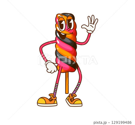 Cartoon groovy Halloween lollipop character. Isolated vector twisted sweet candy on stick, funny dessert for kids trick or treat party. Patisserie retro personage waving hand with cute smiling face 129199486