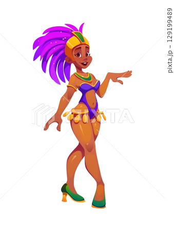 Brazilian carnival party dancer woman character in samba costume, cartoon vector. Brazil carnival or Carnaval do Brasil traditional festival and entertainment event character of woman in feather dress 129199489