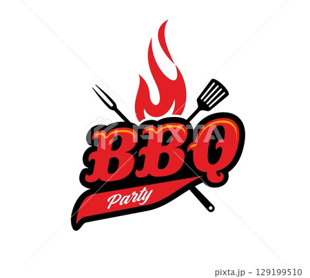 BBQ barbeque grill icon with crossed spatula, fork and burning fire flame. Vector black and red emblem or badge for barbecue party, restaurant service, label for cooking event, outdoor celebration 129199510