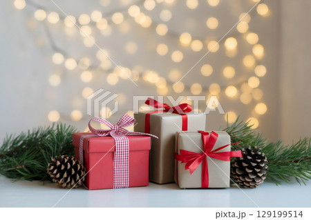 クリスマスプレゼントとキラキラ背景 Generative AI 129199514