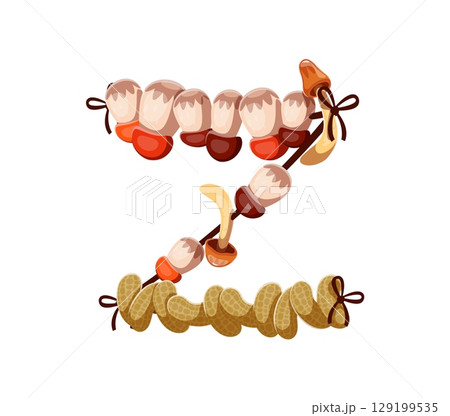 Autumn season font type dried mushrooms and nuts letter Z. Autumn harvest kids ABC symbol, autumnal vector English alphabet type sign. Fall season typeset element or thanksgiving font letter 129199535