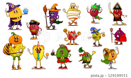 Groovy Halloween fruit characters in whimsical costumes celebrating party. Vector melon, grapes, pear, dragon fruit and durian with pumpkin head. Lychee, feijoa, bergamot and carambola with orange 129199551