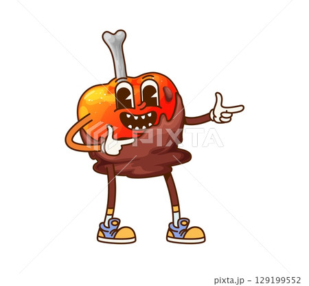 Cartoon groovy Halloween apple with bone character. Vector sweet fruit candy with caramel or chocolate sauce. Isolated confection spooky sweets, trick or treat party scary confectionery with y2k vibe 129199552