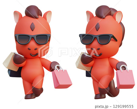 cartoon style 2026 new year red horse character holding a shopping bag cartoon style 2026 new year red horse character holding a shopping bag 129199555