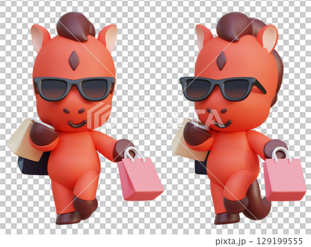 cartoon style 2026 new year red horse character holding a shopping bag cartoon style 2026 new year red horse character holding a shopping bag 129199555