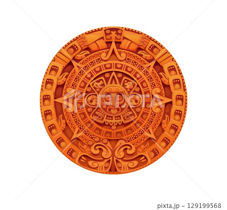 Aztec Inca Maya Mexican game icon asset. Vector circular astrological calendar, ancient round stone with hieroglyph symbols and face showing a tongue. Aztec culture, religion and tradition sculpture Aztec Inca Maya Mexican game icon asset. Vector circular astrological calendar, ancient round stone with hieroglyph symbols and face showing a tongue. Aztec culture, religion and tradition sculpture 129199568
