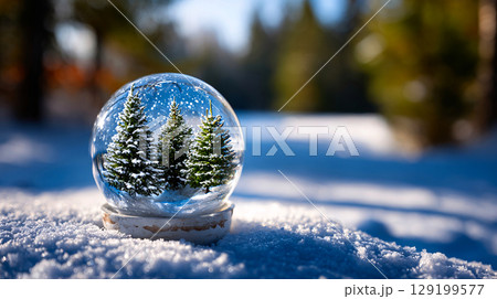 crystal clear snow globe with frosted evergreen trees and sparkling snow, winter nature 129199577