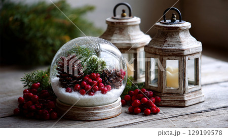 rustic snow globe with lanterns, berries, and pine cones, evoking cozy winter evenings 129199578