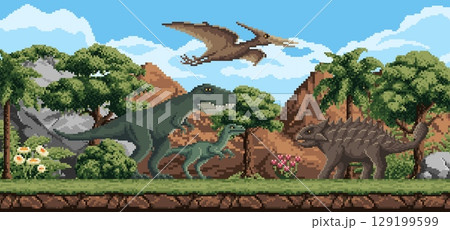 8 bit pixel art prehistoric dinosaurs and reptiles in Jurassic forest, vector game landscape background. Prehistoric dinosaurs, lizards or reptiles and pterodactyl in cartoon 8 bit pixel landscape 129199599