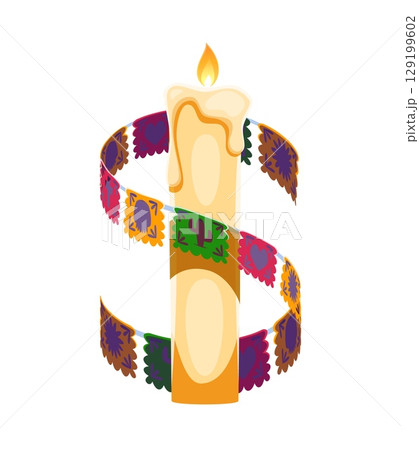 Day of the Dead font candle and papel picado garland punctuation dollar currency sign. Mexican Day of the Dead typeset vector sign, death holiday font mark. Mexico ritual carnival type special symbol 129199602