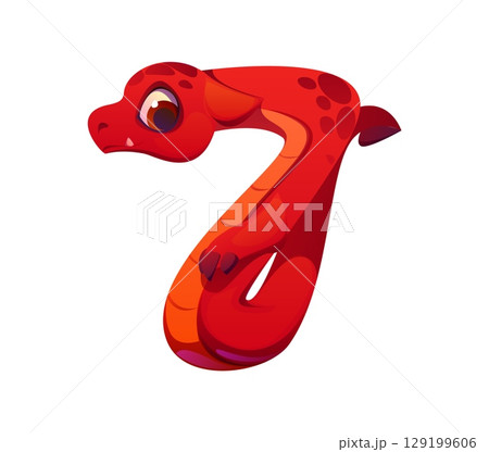 Fairy red dragon character font digit 7 seven. Red reptile personage font figure, fantasy monster vector kids ABC type number. Red dragon alphabet typeface digit or math typeface numeral symbol 129199606