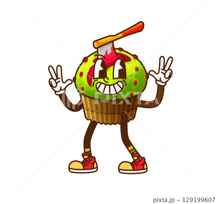 Cartoon groovy Halloween cupcake with axe and juice sweet candy character. Vector traditional festive bakery with ax in head and blood. Cute spooky muffin retro personage for kids trick or treat party 129199607