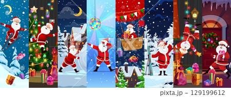 Christmas Santa Claus characters collage for winter holiday, cartoon vector background. Funny Santa characters decorating Christmas tree or dancing disco, skiing and sneaking in house on balloon 129199612