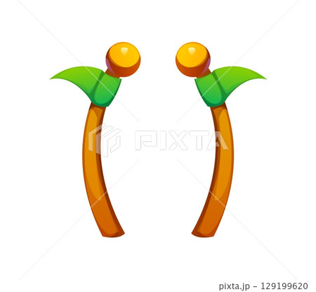 Cartoon circus font brackets resembling wooden sticks with round golden tops and green leaves. Vector retro carnival typeface, entertainment type, kids alphabet punctuation symbol, abc glyph character 129199620