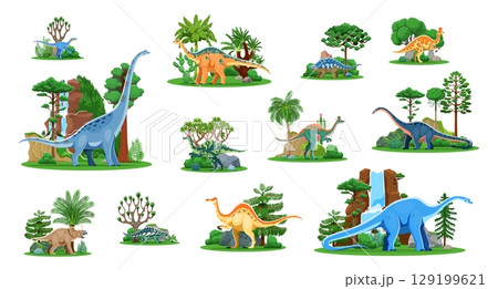 Cute cartoon dinosaurs character set. Vector jurassic dino animals with prehistoric jungle landscape scene, mountains, waterfall and forest tree. Funny titanosauria, apatosaurus, centrosaurus dinosaur 129199621