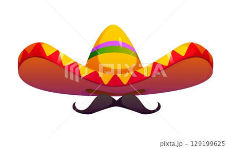 Mexican national holiday symbol of sombrero hat with mustaches, cartoon vector. Mexican mariachi musician sombrero hat with ethnic ornament for holiday fiesta or cuisine festival and Mexico carnival 129199625