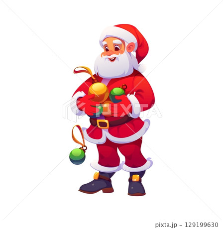 Santa Claus cartoon character with Christmas tree decoration baubles, vector personage. Happy Santa character with Xmas tree balls in hands for Merry Christmas and New Year winter holiday greetings 129199630