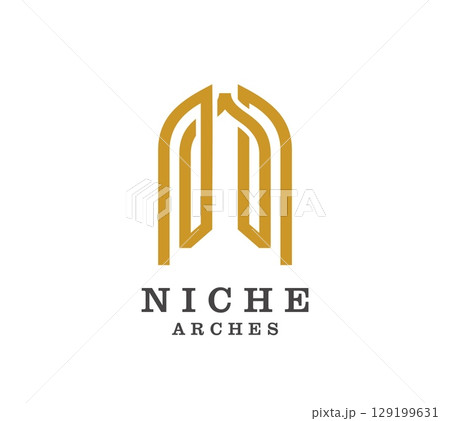 Niche arch icon of door or window for interior architecture design or house furniture, vector emblem. Niche arch icon of old castle door or palace building window glass frame of antique entrance 129199631