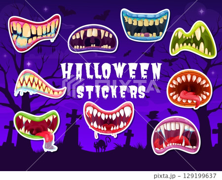 Halloween scary drool monster jaws stickers pack. Vector patches of cartoon monstrous mouths with exaggerated, sharp teeth, some dripping with saliva on spooky graveyard with bats, cat and gravestones 129199637