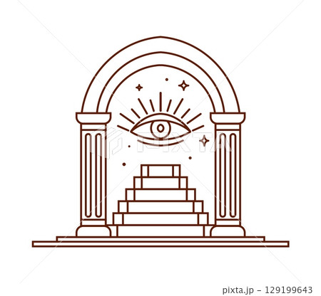 Mystic Boho arch or magic Bohemian doorway with eye and ladder stairs, vector symbol. Boho arch with thin line eye of truth and celestial stars, magic Bohemian door archway for tattoo art or esoteric 129199643