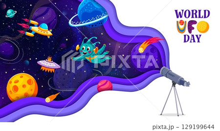 World UFO day paper cut banner with telescope standing on tripod projecting outer galaxy space with alien, saucers, stars, planets in wavy cutout 3d vector frame. Extraterrestrial global celebration 129199644
