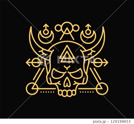 Esoteric line symbol for Tarot cards and mystic Boho tattoo, vector skull occult sign. Astrology magic symbol of skull with devil horns and celestial symbols for Tarot cards, esoteric and witchcraft 129199653